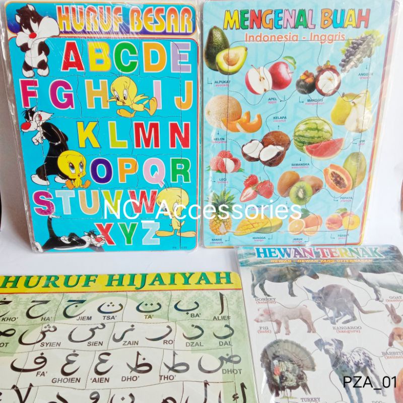 PUZZLE ANAK HURUF BESAR ,BUAH ,HURUF HIJAIYAH ,HEWAN , HURUF KECIL DAN ANGKA 1-20  PZA_01