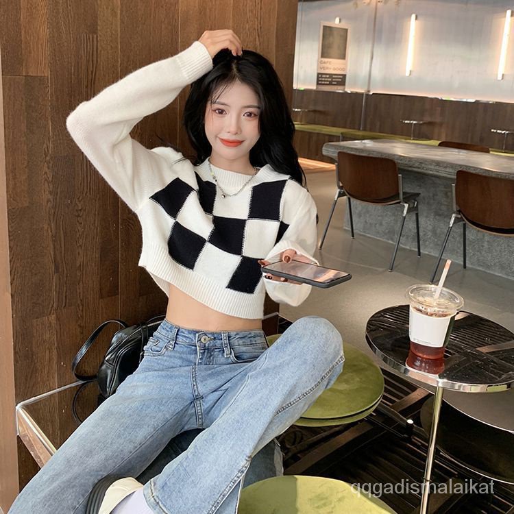 Croptop rajut lengan panjang wanita korea sweater atasan kotak-kotak sweater putih