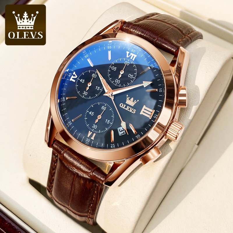 OLEVS Jam Tangan Pria Anti Air Original Asli Kulit Tahan Keren Ori Hitam Coklat Luxury Chronograph Watch Men Multifungsi