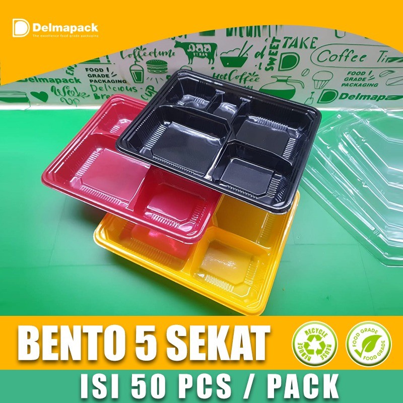 Mika Bento Sekat 5 - Box Bento Sekat 5 + Tutup - Tempat Makan Plastik Tebal Foodgrade - 50 Pcs