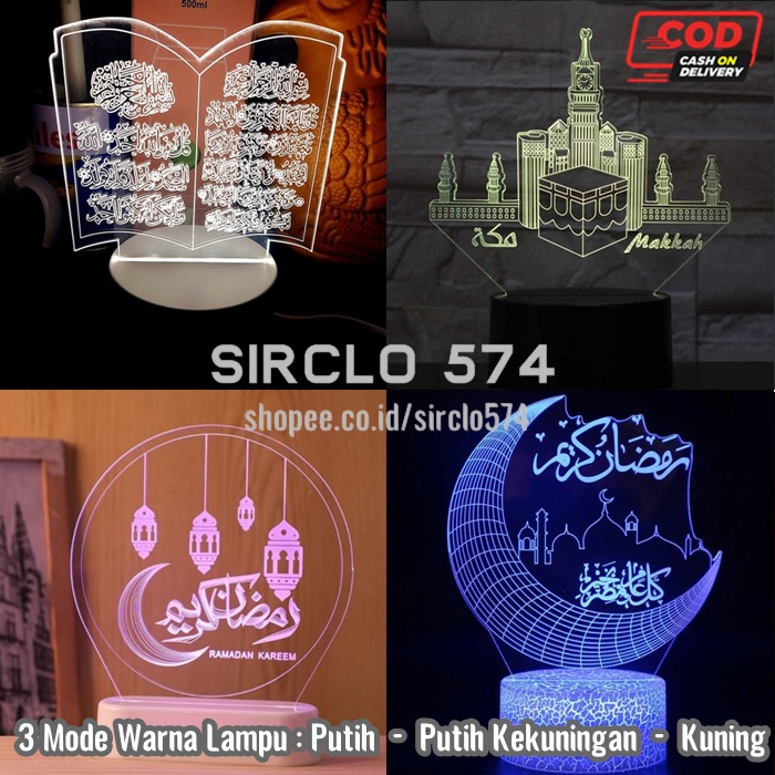 SIC Lampu Tidur Hias LED 3D Akrilik Transparan 3 Warna Kabah Mekah Al Quran Ramadhan Karim Lafadz Al