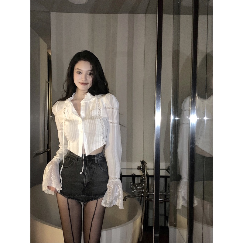 Suhao Black Strawberry ~ Kerja Berat Kemeja Hollow Pendek Renda Patchwork Top
