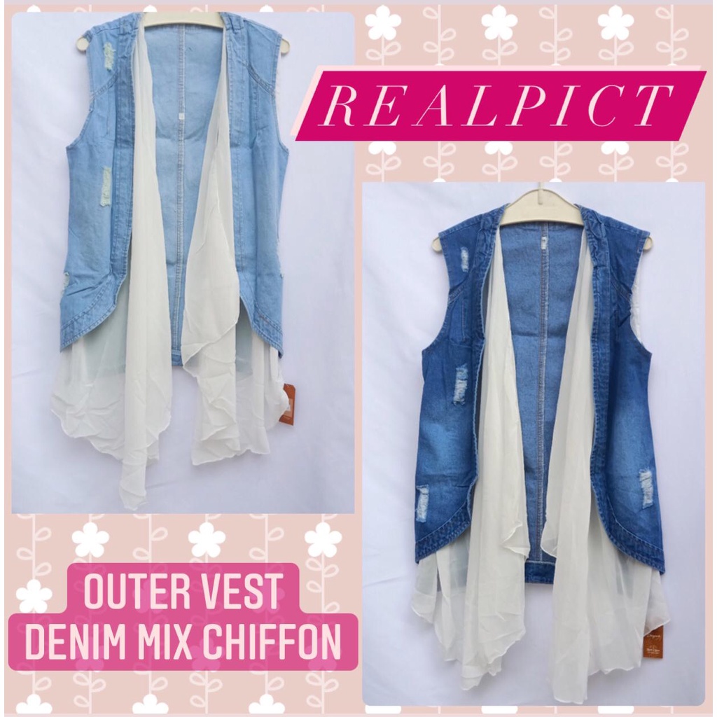 Outer Denim Vest Mix Sifon Ceruti Warna Jeans Light & Dark realpict baju casual cewek remaja fashion