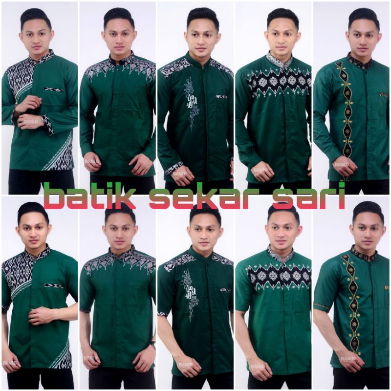 Temukan baju koko atasan muslim pria warna hijau botol batik sekar sari pekalongan