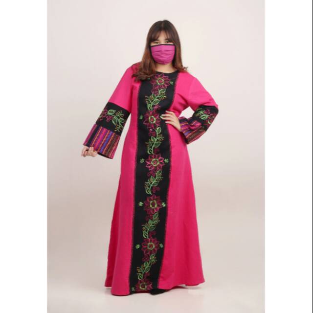 Gamis Etnik Motif Bordir Kombinasi Tenun Thailand