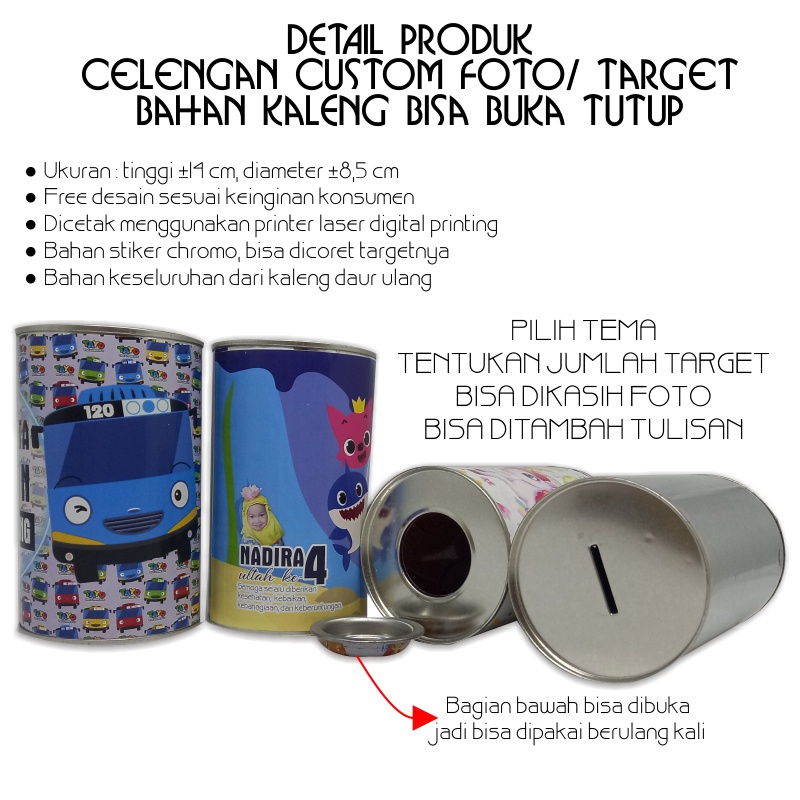 CELENGAN CUSTOM FOTO TARGET BAHAN KALENG BISA BUKA TUTUP