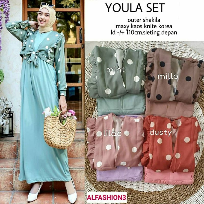 Youla Set, SETELAN GAMIS MUSLIM DENGAN OUTER LD 110 KANCING BUSUI TERMURAH TERCANTIK