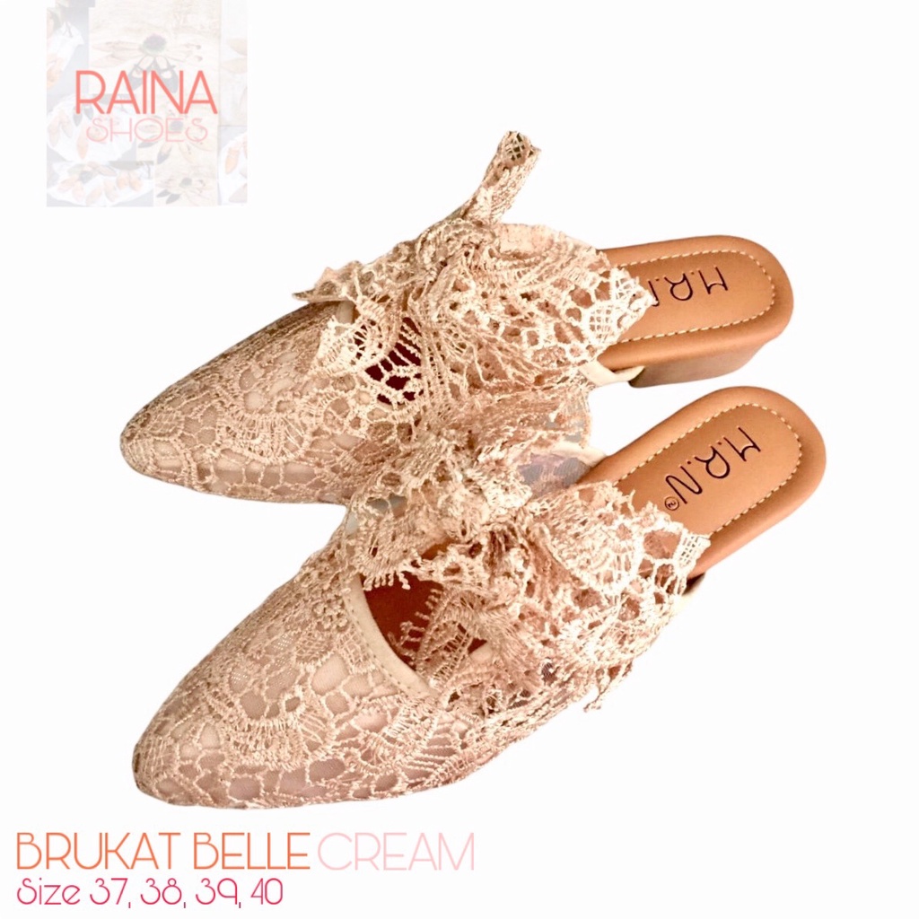 Raina Shoes Sandal Selop Wanita Mules Brukat Belle Cream Terbaru COD