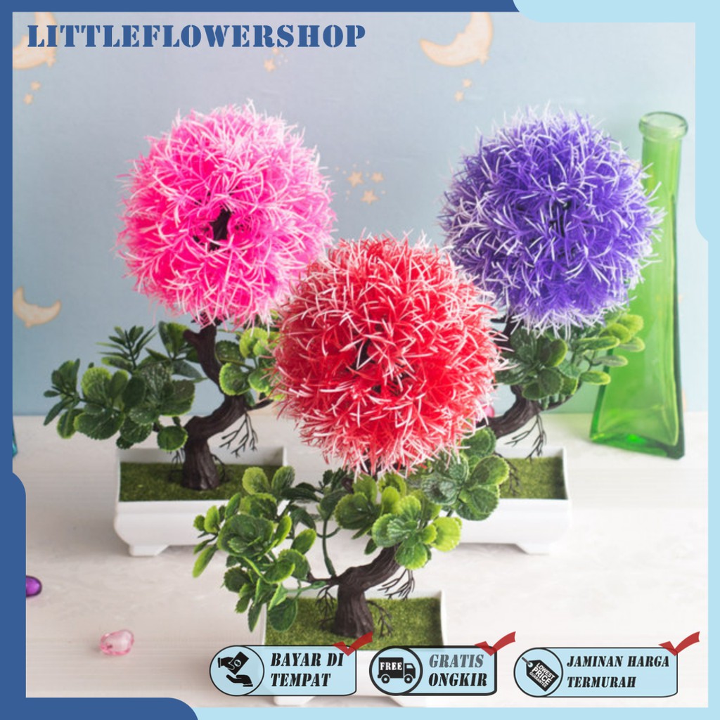COD/BONSAI HIAS TANAMAN ARTIFISIAL BUNGA DEKORASI RUANGAN BUNGA PLASTIK POT BULAT PUTIH BP8818-3