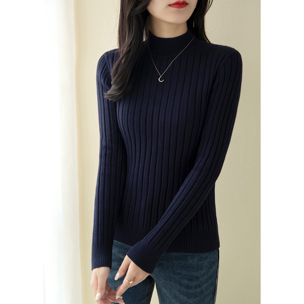 Sweater tebal rajut ramping baru untuk setengah turtleneck wanita musim gugur