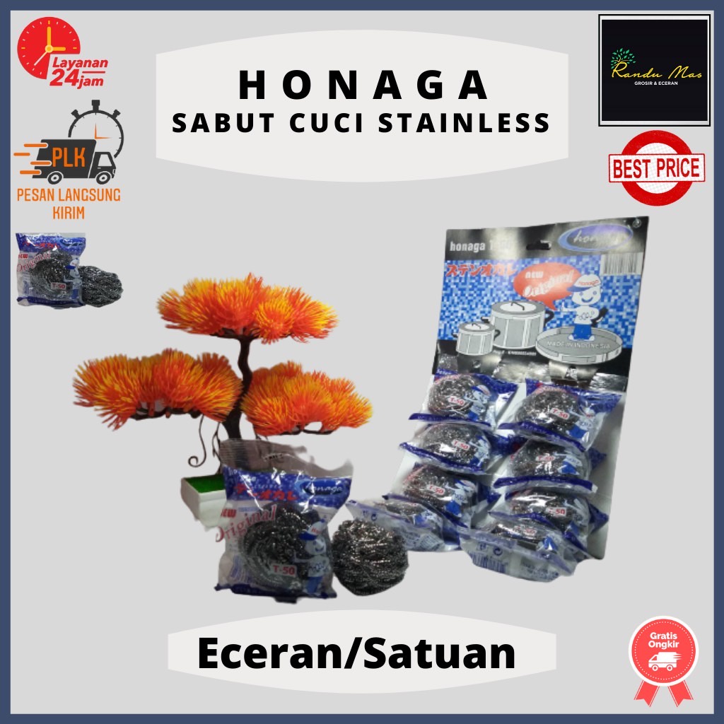 Sabut Stainless Kawat Sikat Cuci Piring  Panci Wajan Stainless / Anti Karat / Noda Gosong Membandel Ekonomis Tahan Lama Merek Honaga