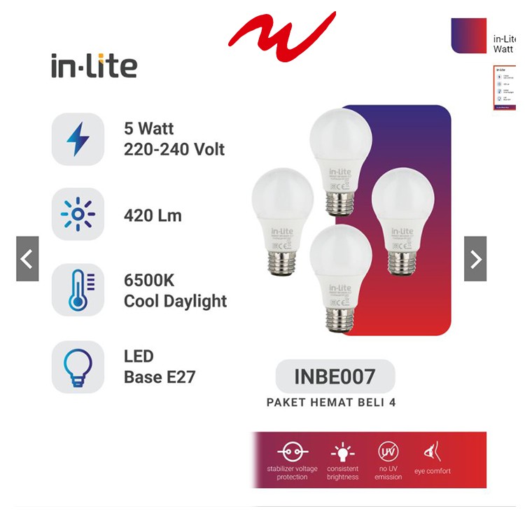 IN-Lite Lampu Bohlam Led 5 Watt Paket Beli 3 Bonus 1 = 4Pcs