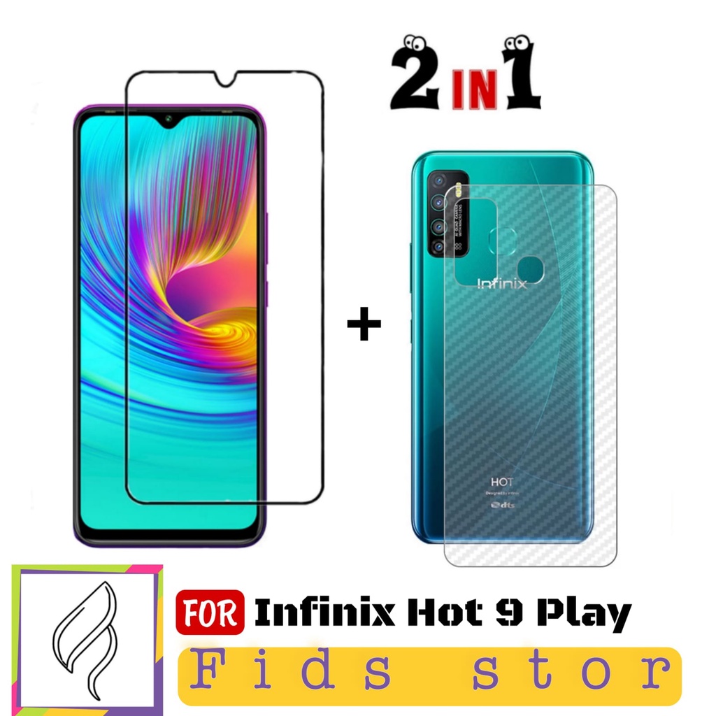 PROMO 2in1 Tempered Glass Infinix Hot 9 Play TG Layar FULL COVER Black Premium Free GarSkin Carbon f