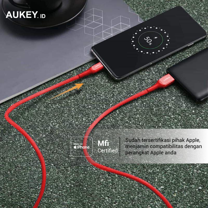 Aukey Kabel Charger Lightning CB-AKL1 MFI USB A To Lightning Kevlar Cable 1.2M