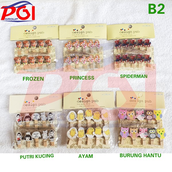 B ( B2 ) MODEL B / 1 PAKET WOODEN CLIP PAPER PENJEPIT KAYU / JEPIT FOTO KARAKTER FREE TALI 1.5 METER
