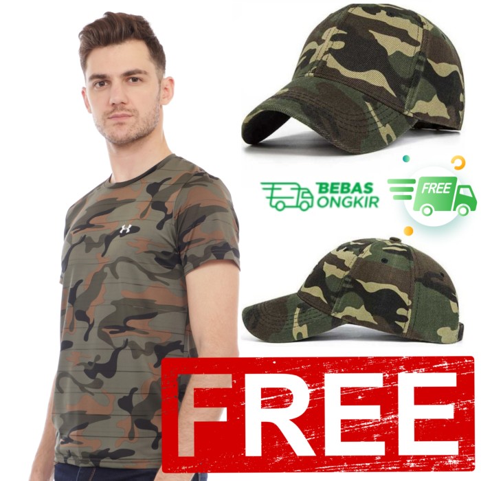 (FREE TOPI) Kaos pria Army gym pria fitnes olahraga gratis Topi loreng camo hijau