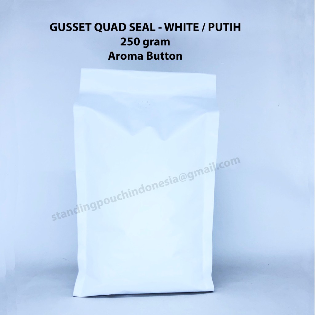 

Kemasan Kopi Gusset Quad Seal 250g (50PCS) (VALVE) PUTIH *PREMIUM*