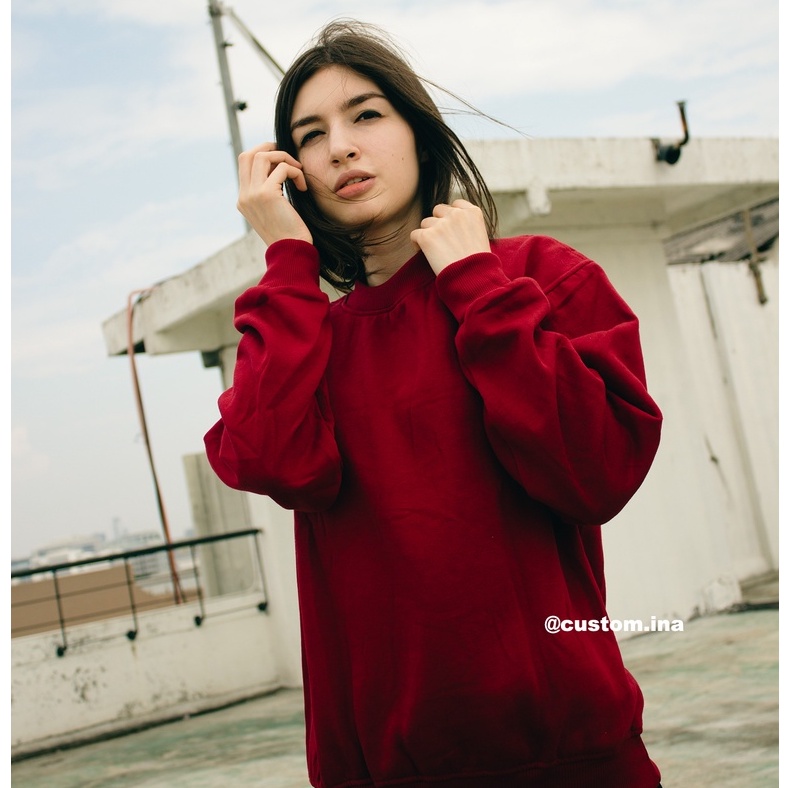 Basic Sweater Polos Oblong Crewneck Sweatshirt Pria Wanita Size M - XXXL-MAROON