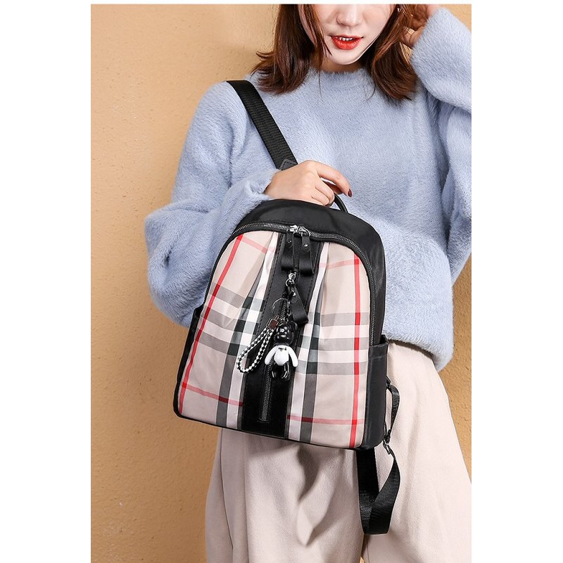 tas ransel motif branded wanita hitam coklat lis merah bagpack stylish
