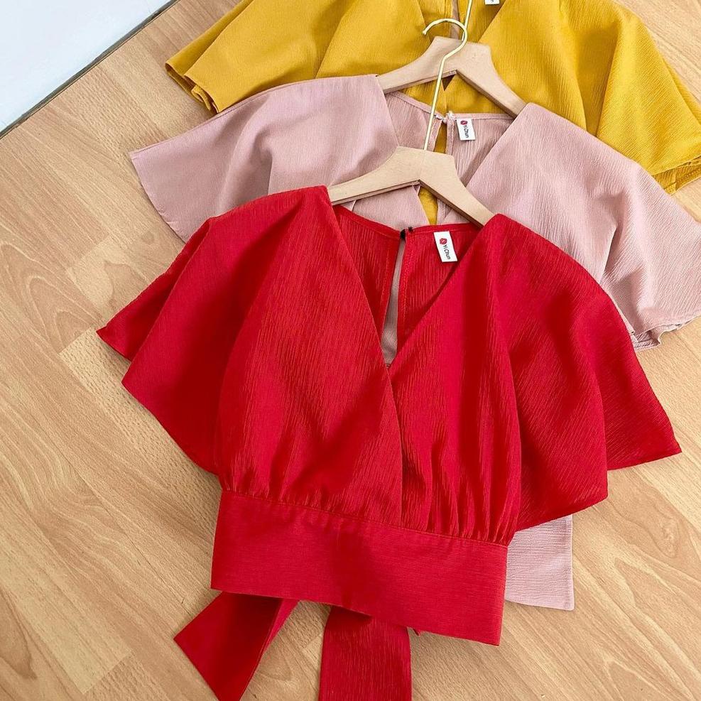 Femei Outer Blouse Slit Back Self Tie Wrap Crop Top Atasan Wanita Korean Style BOW Back Cardy [LC. 9