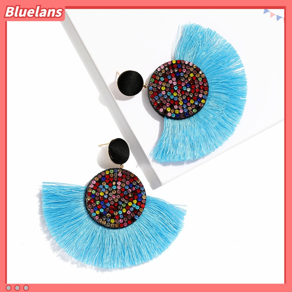 Anting Stud Bentuk Kipas Rumbai Aksen Berlian Imitasi Gaya Bohemia Untuk Wanita