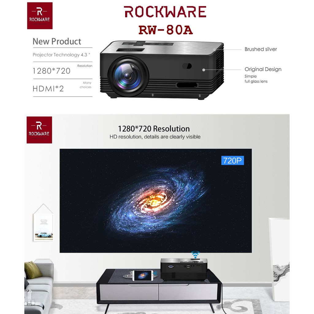 AKN88 - Rockware RW80A - LED Projector With Android 7.1 TV Tunner 2800 Lumens