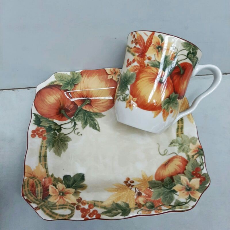 [SET] PIRING GELAS KERAMIK SANGO MOTIF LABY MUSIM GUGUR AUTUMN THANKSGIVING DAY GIFT GIVE THANKS
