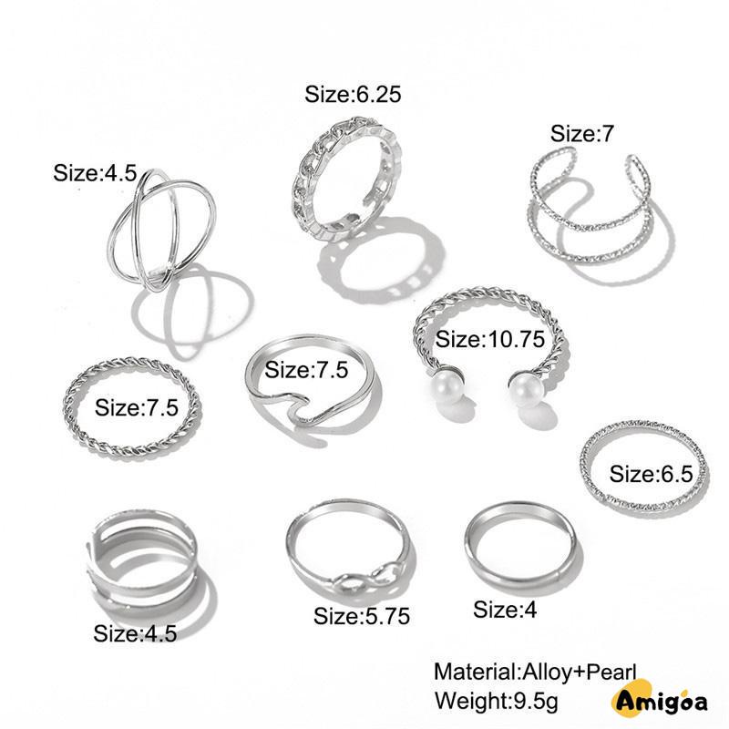 10 Buah Set Wanita Kreatif Sederhana Manik-manik Ganda Cincin Gabungan Geometri Gelombang Mutiara - AG2