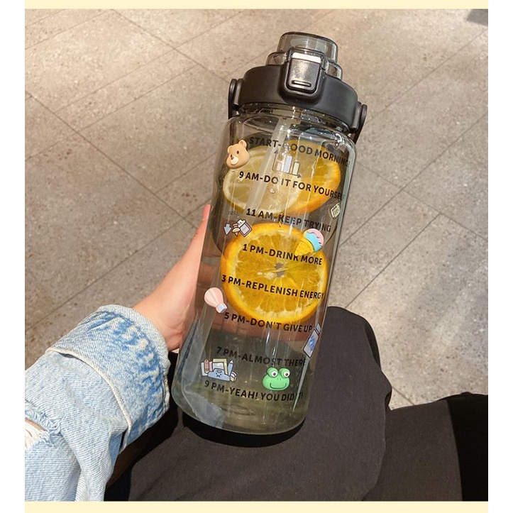 ((READY)) BAKUL UNIK - YIBEN Botol minum pastel jumbo 2L seperti Quifit / botol transparant bening tumbler 2 liter-Hitam bening
