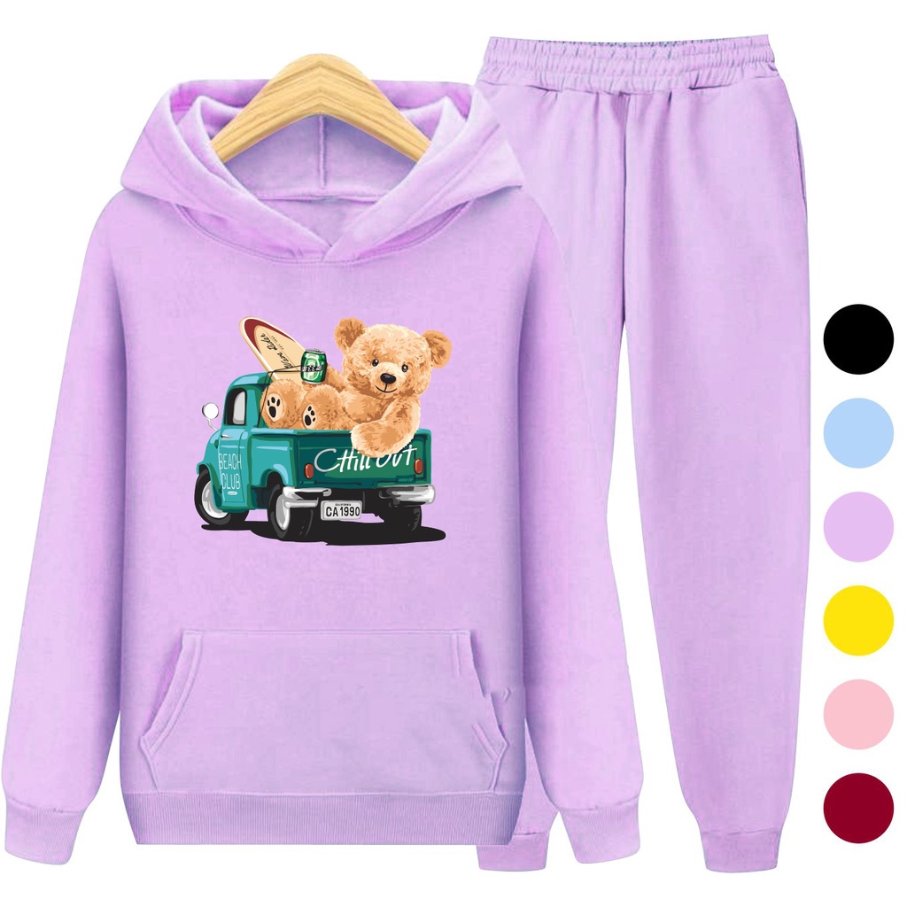 Setelan Sweater Anak + Celana TEDDY TRUCK / Set Sweater Hoodie Anak Laki - Laki Perempuan Kekinian Viral Terbaru