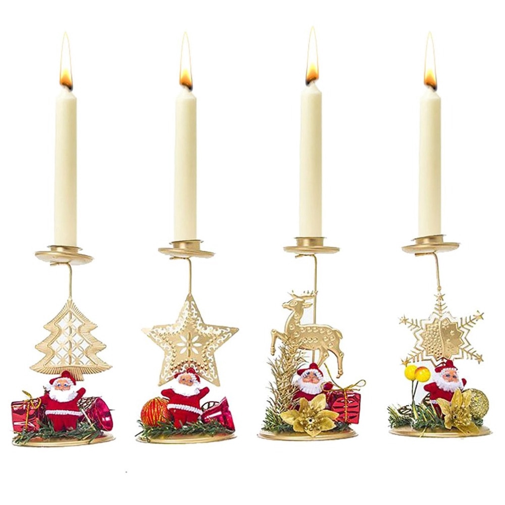 Desktop Ornaments Decor Holder Perlengkapan Xmas Meja Gold Xmas Kekinian Besi Lilin Produk Dekorasi Natal Santa Claus Snowflake Star Elk Tree Candle Holder