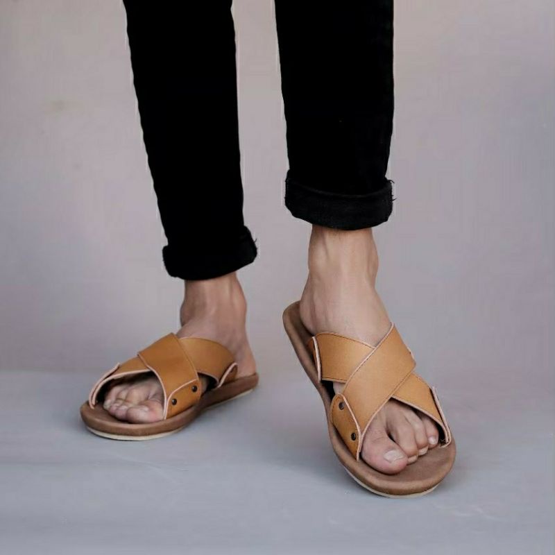 XMIN | Sandal Kulit Pria Murah Sendal Slide Slop Santai Kasual Formal