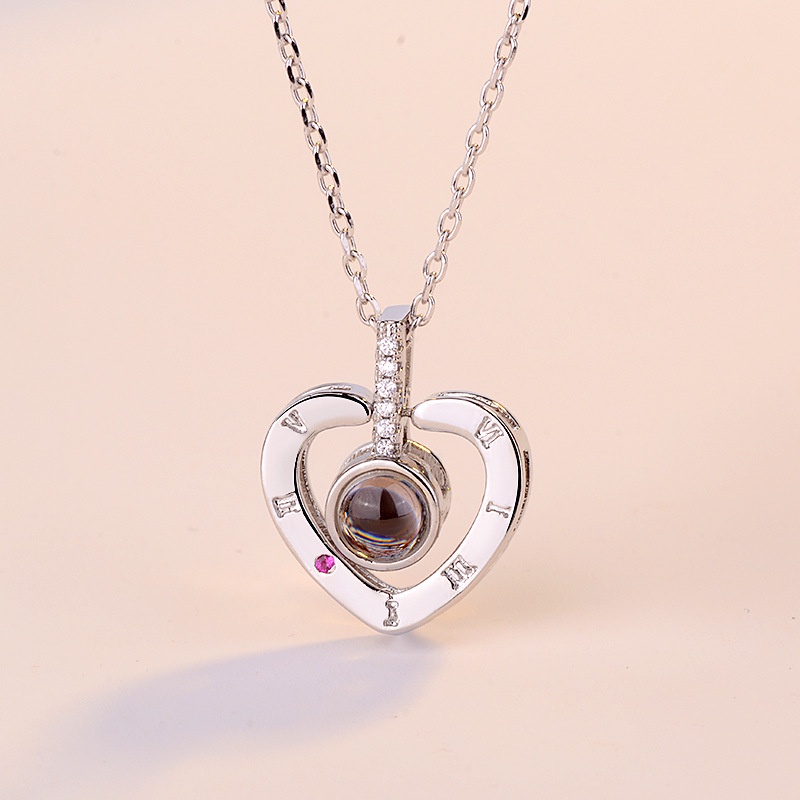 [Ready Stock]Fashion 925 Silver Plated Roman Numeral Heart-Shaped Diamond Pendant Necklace