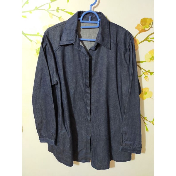 Atasan Kemeja Kerah Jeans Bigsize Oversize Kancing Hidup Lengan Panjang Skoder Biru Blue Real Pict F