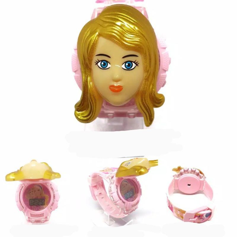 Jam tangan anak perempuan karakter 3D Barbie musik melodi LED