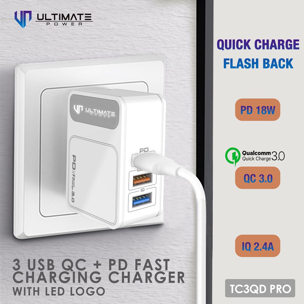 Ultimate Power 3USB QC+PD Fast Charging Charger With LED Logo