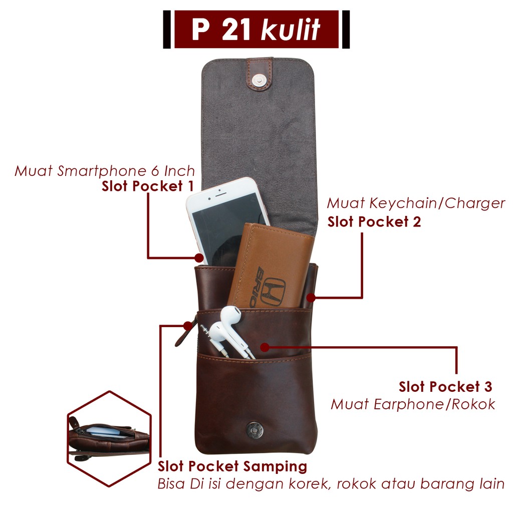 WAISTBAG KULIT TAS MULTIFUNGSI FOR 3 SMARTPHONE 3 FUNGSI PEMAKAIAN BERBEDA BAHAN SAPI ASLI  P021K