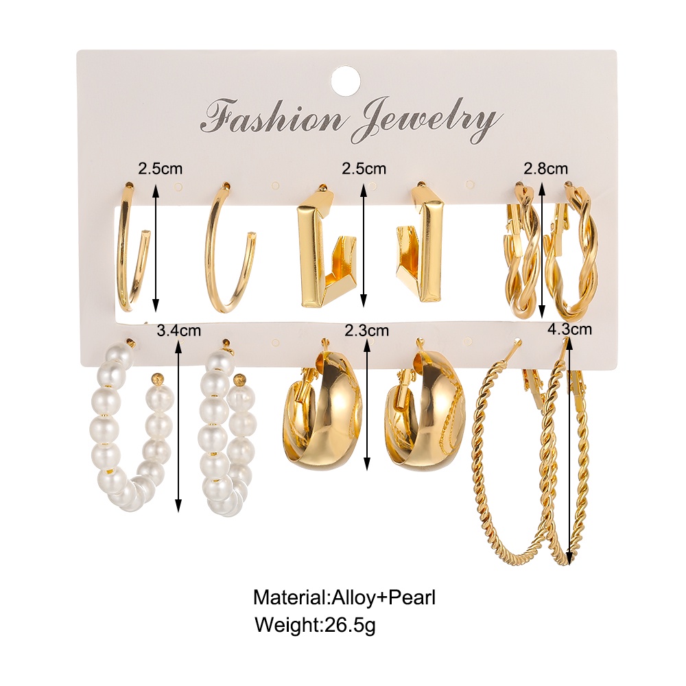 6 Pasang / Set Anting Hoop Bentuk Persegi Aksen Mutiara Warna Emas Untuk Wanita