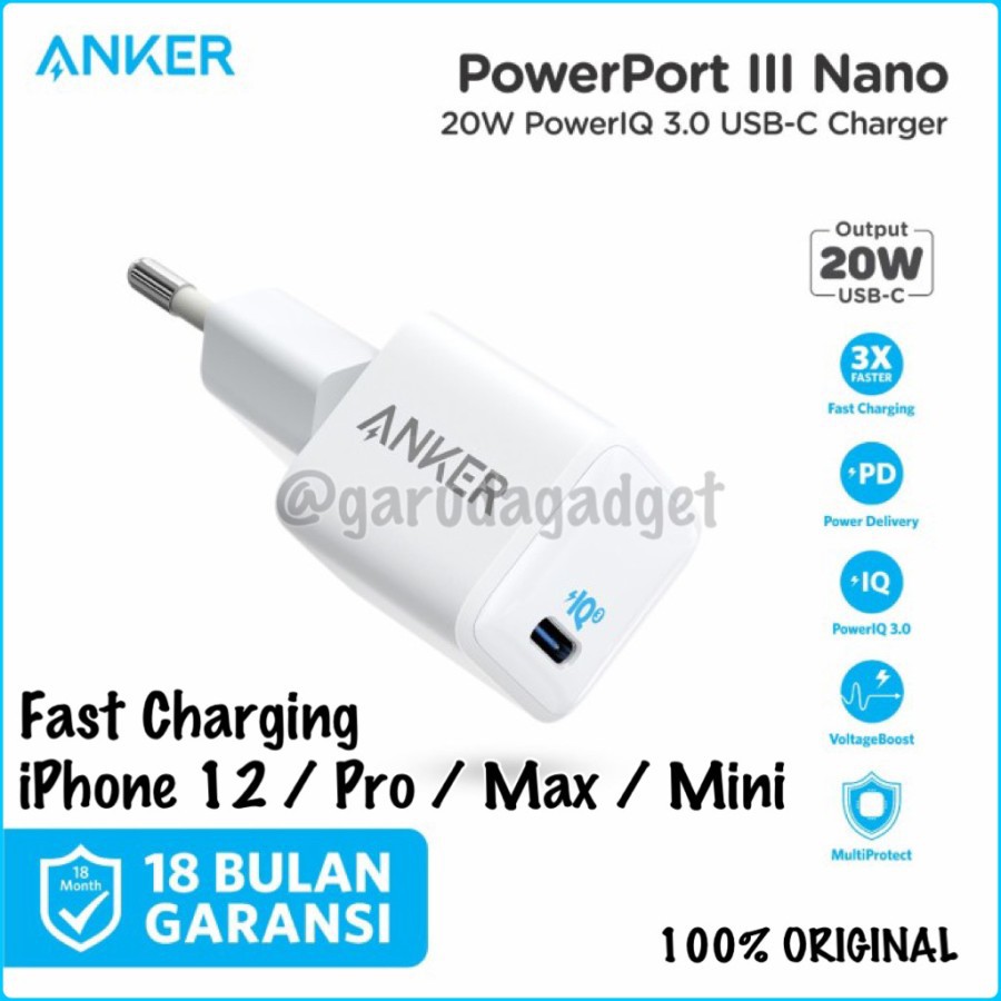 Charger Fast Charging iPhone 15 /14 / 13 / 12 / 11 Pro Max Mini Anker PowerPort III Nano 20w Power A
