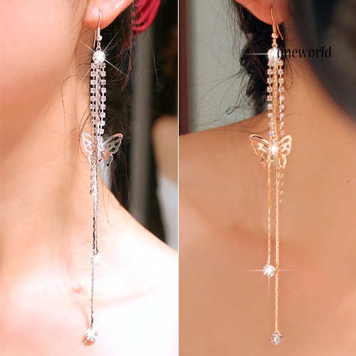 OW@ Women Hollow Butterfly Rhinestone Long Tassels Chain Hook Dangle Linear Earrings