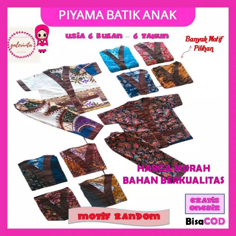 Piyama Anak Lengan Pendek / Piyama Anak Batik / Setelan Baju Tidur Anak 6 Bulan - 6 Tahun A1