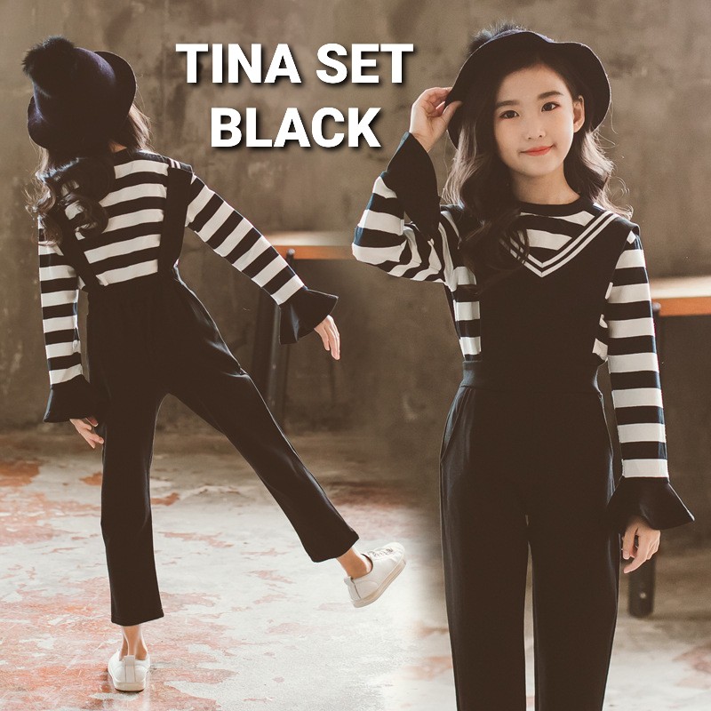 TINA SET BLACK / BAJU SETELAN ANAK KOREA IMPOR / OVERALL ANAK / SET CELANA PANJANG ANAK PEREMPUAN