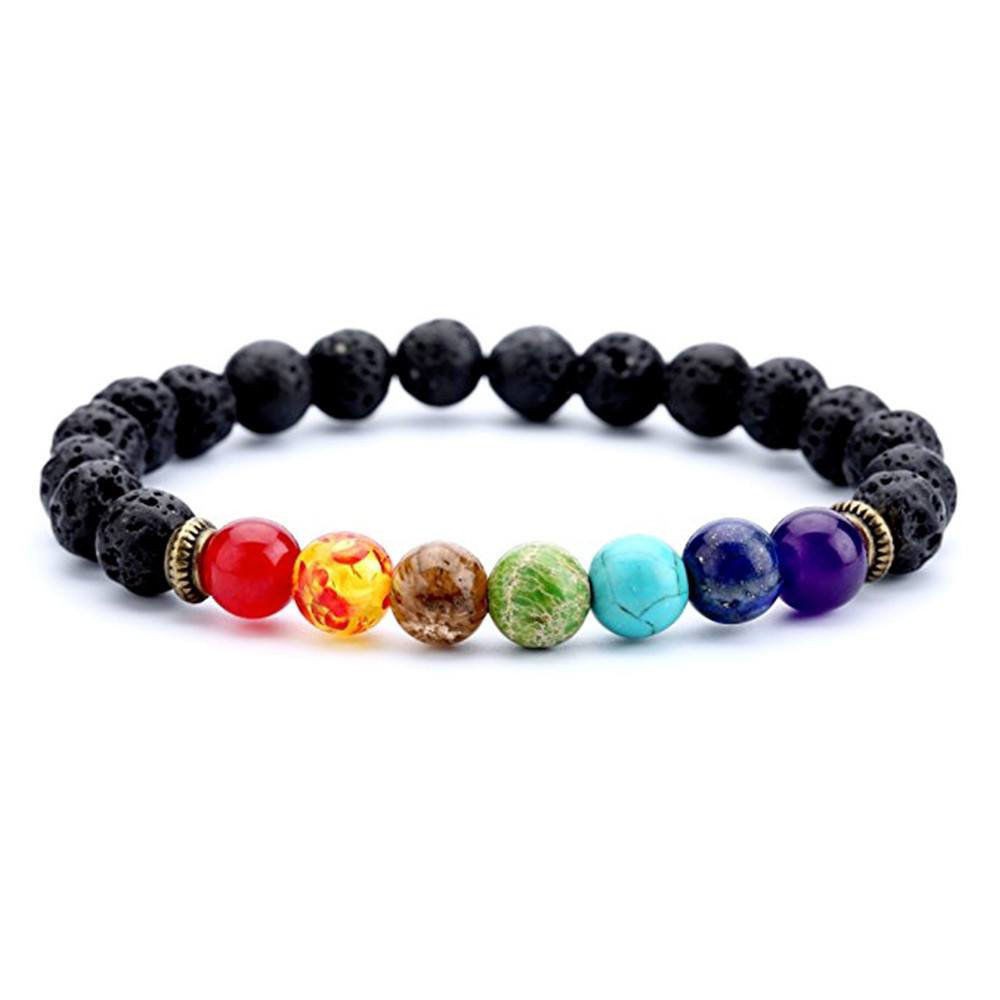 Gelang Manik-Manik Batu Lava 8mm 7 Chakra Healing Balance Untuk Pria Dan Wanita