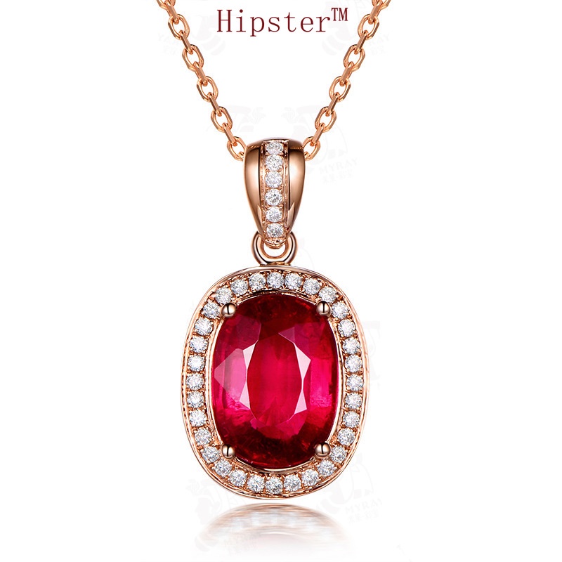 Fashionable Elegant Oval Ruby Pendant Rose Gold Necklace