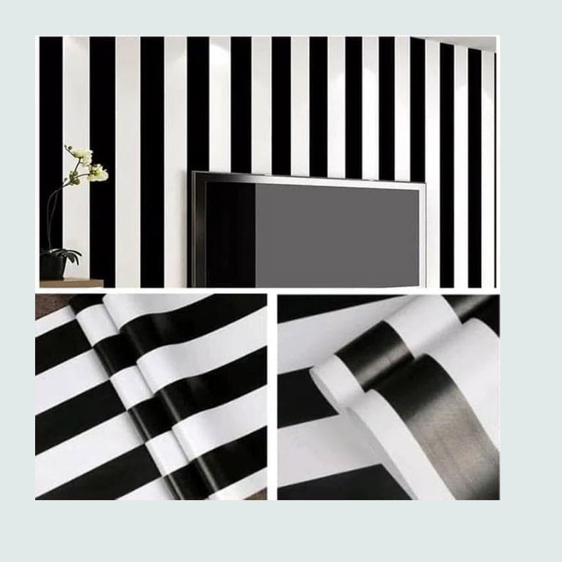 (PROMO) Gudang 10 Meter Wallpaper Dinding Kamar Tidur Motif Salur Hitam / Anti Air 45 CM x 10 Meter (COD)