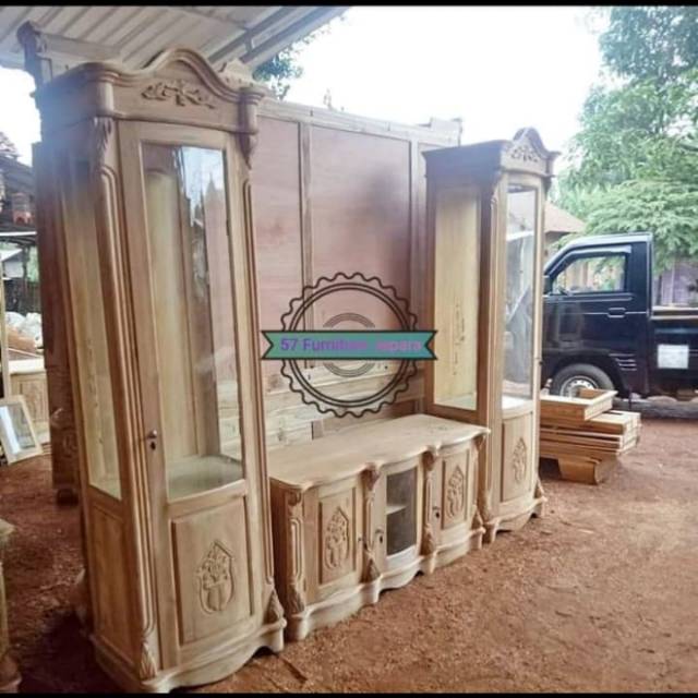 Lemari Hias Ukir Jepara Untuk Ruang Tamu Minimalis/Buffet Kaca Hias Pajangan Ruangan Mentahan