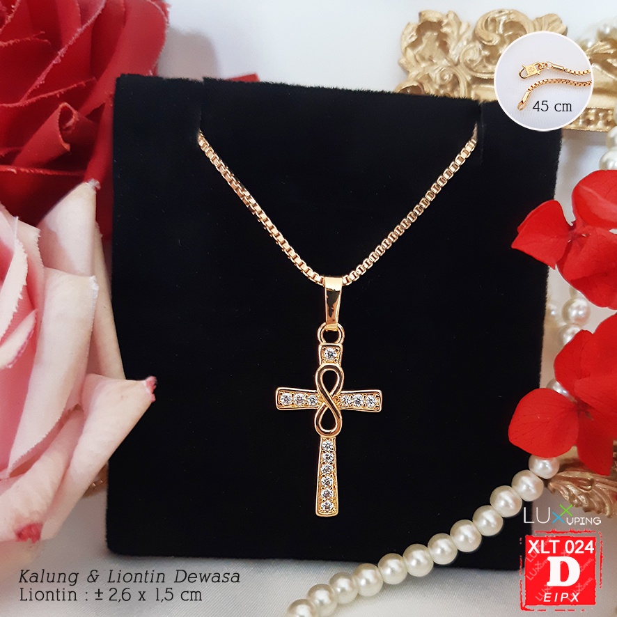 XLT 024  Kalung Salib Yesus Kristus Permata Zirkon Perhiasan Imitasi Lapis Emas 18K Aksesoris Rohani Kristen Katolik Rosario Luxx Xuping