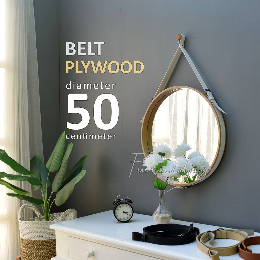 Cermin Bulat Diameter 50 cm Tali BELT Frame PLYWOOD Cermin Bulat Diameter 50 cm Tali BELT Frame PLYWOOD