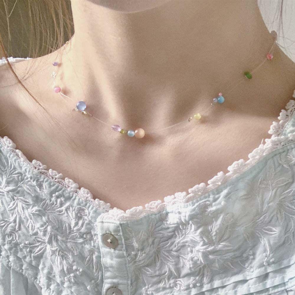 Mxbeauty Opal Kalung Kepribadian Geometris Rantai Transparan Minimalis Warna Manik-Manik Hadiah Pacar Kalung Gaya Korea Necklace