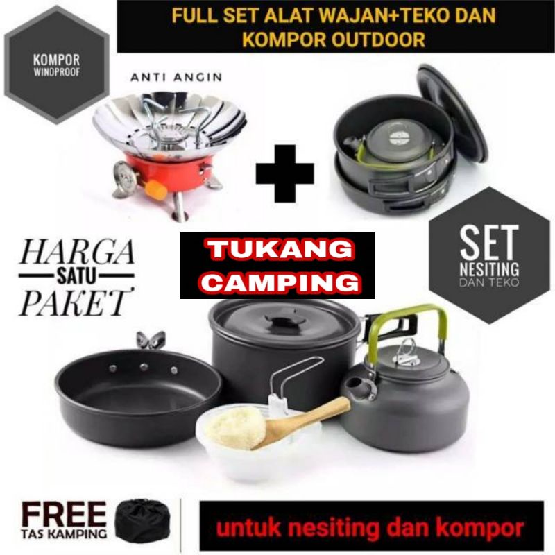 Paket Cooking set  Ds 308 teko + Kompor Windproof kemping Nesting camping cooking set Ds308